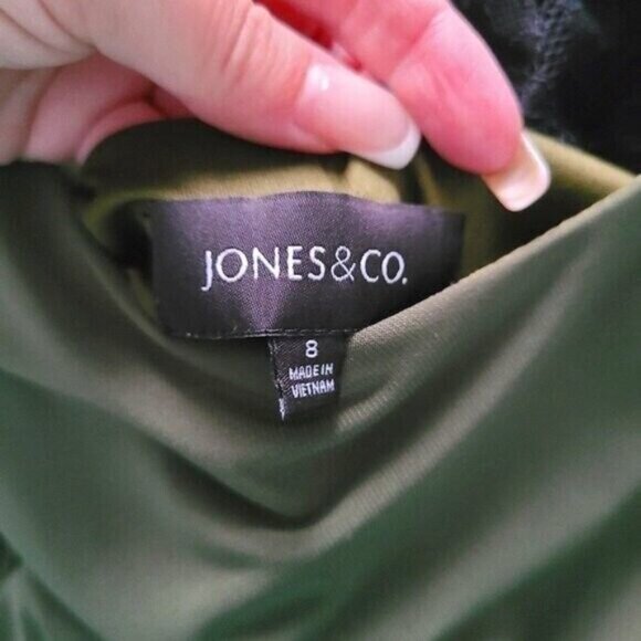 Jones & Co Olive Green Sleeveless Waist Defining Rouched Midi Dress size 8 - Picture 2 of 6